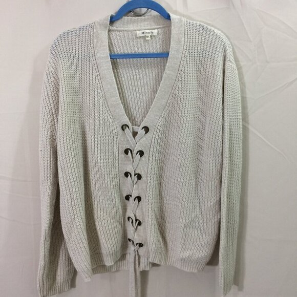 Miracle Sweater Cardigan Unique Lace Front Oversized Beige Cotton Short Size M/L - Picture 1 of 4
